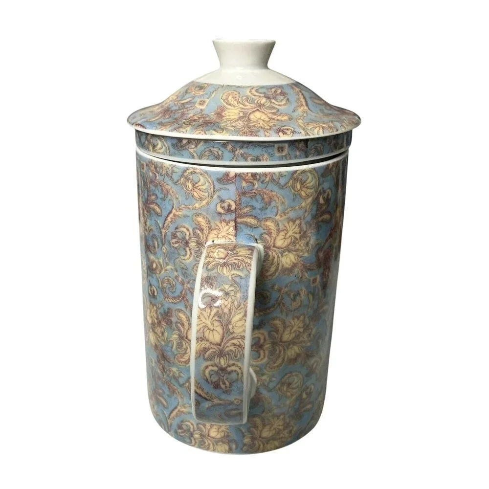 World Market‎ Blue Floral Ceramic Tea Mug Infuser Lid Dishwasher Safe